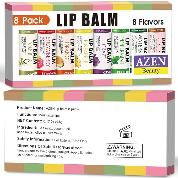 AZEN 8 Pack Lip Balm Stocking, Natural Lip Balm Bulk, Moisturizing Lip Balm for Dry Lips-Velvo Beauty