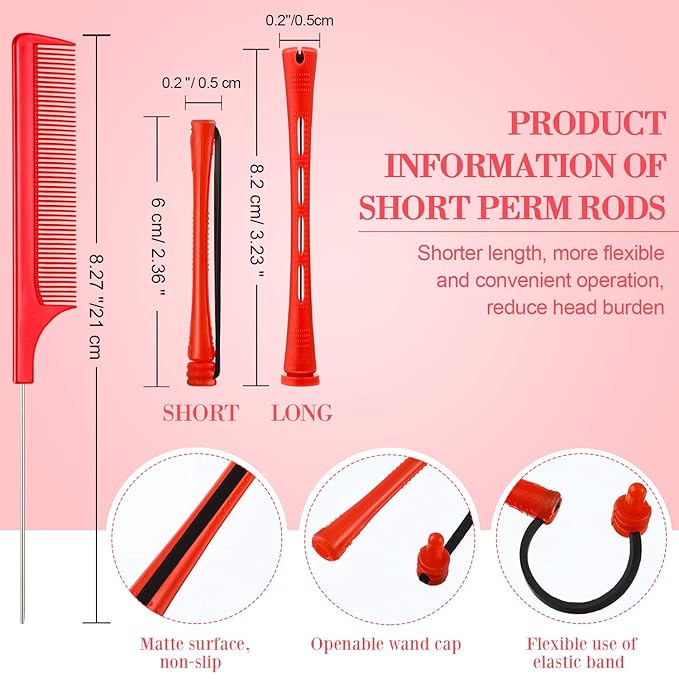 48 Pieces Hair Perm Rods Short Cold Wave Rods Plastic Perming Irons Hair Curling Rollers Curlers with Steel Pintail Comb Rat Tail Comb for Hairdressing Styling Supplies(0.2 Inch,Red)-Velvo Beauty