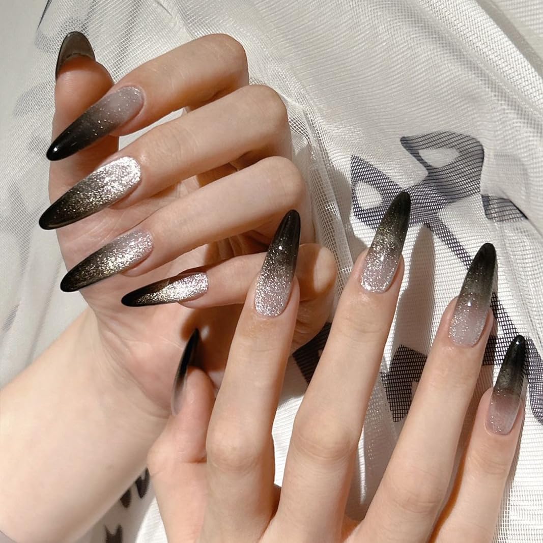 Nail Polish Strips, 32PCS Salon Quality Wraps, Long Lasting Gel Nail Stickers for Women Easy Apply& Remove (Night Glitter Black)-Velvo Beauty