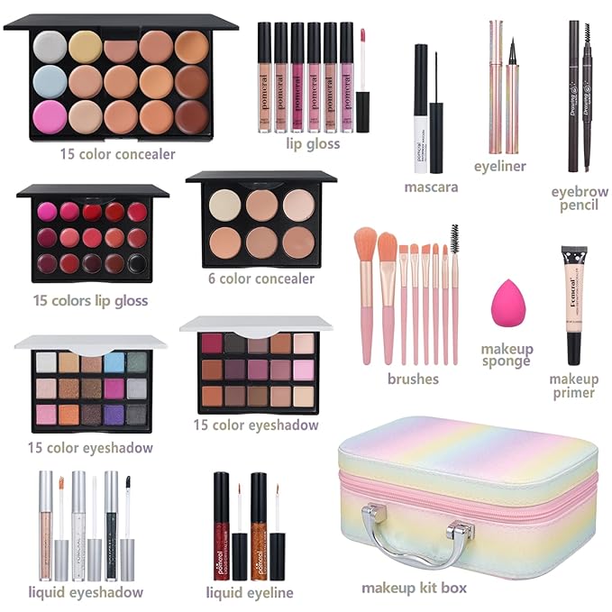 All In On Makeup Kit Makeup Set For Teens, Women, Girl and Beginners Includes Eyeshadow Concealer Palette Lip Gloss Set Lipstick Eye Pencil Makeup Brushes-Velvo Beauty