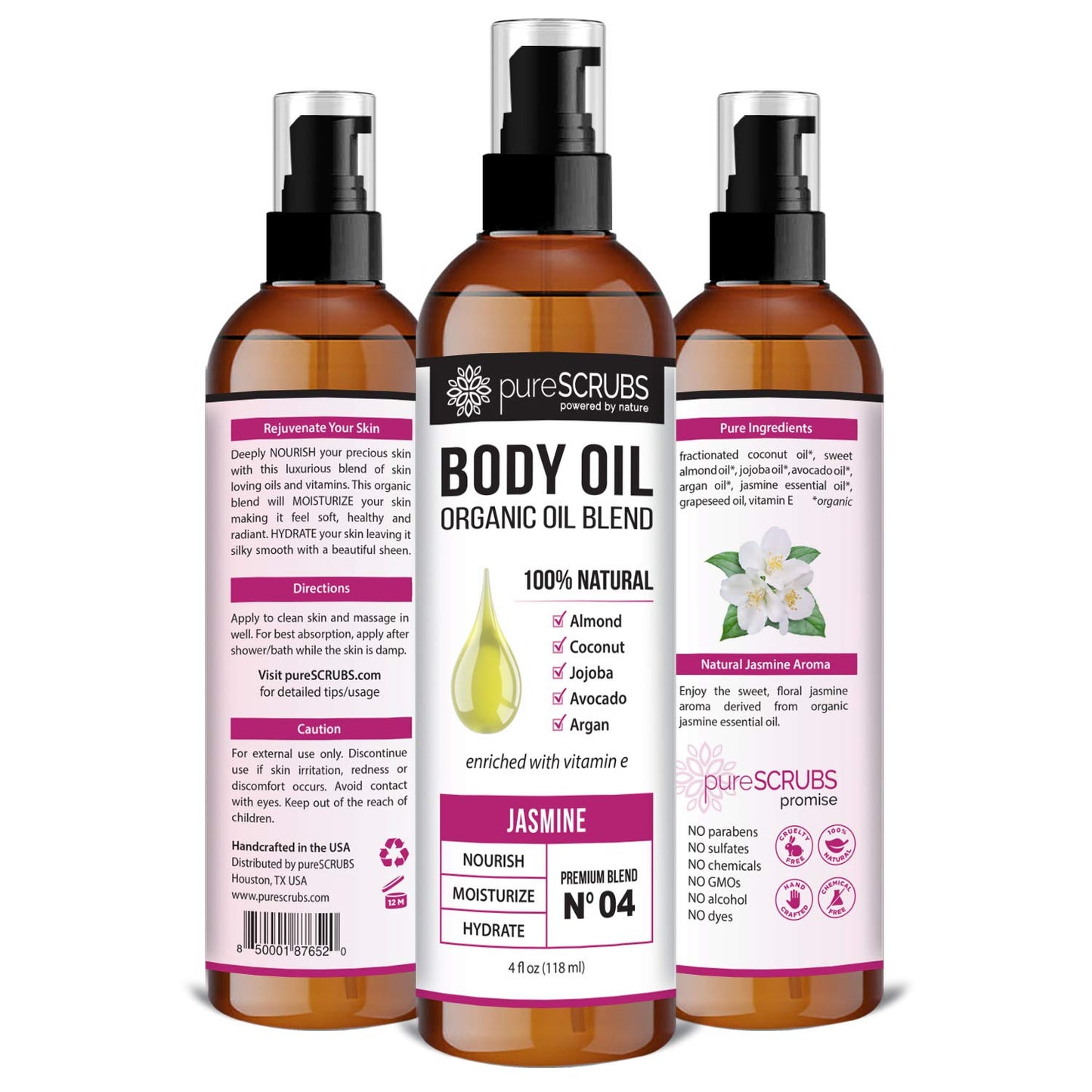 pureSCRUBS Ultra Moisturizing Jasmine Body Oil Spray for Dry Skin, Massage, Cuticles & More - Organic Super Blend of Jojoba, Argan, Coconut, Sweet Almond & Avocado Enriched with Vitamin E, Lg 4oz-Velvo Beauty