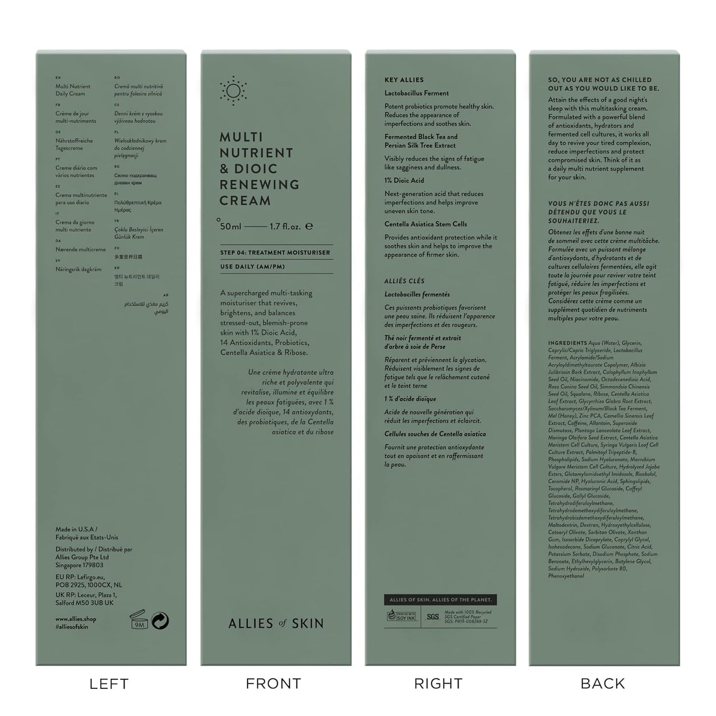 Allies of Skin Multi Nutrient & Dioic Renewing Cream: Moisturizer with Dioic Acid, 14 Antioxidants, Probiotics & Centella Asiatica. Targets Imperfections, Brightens & Protects Skin 1.7 oz / 50 ml-Velvo Beauty