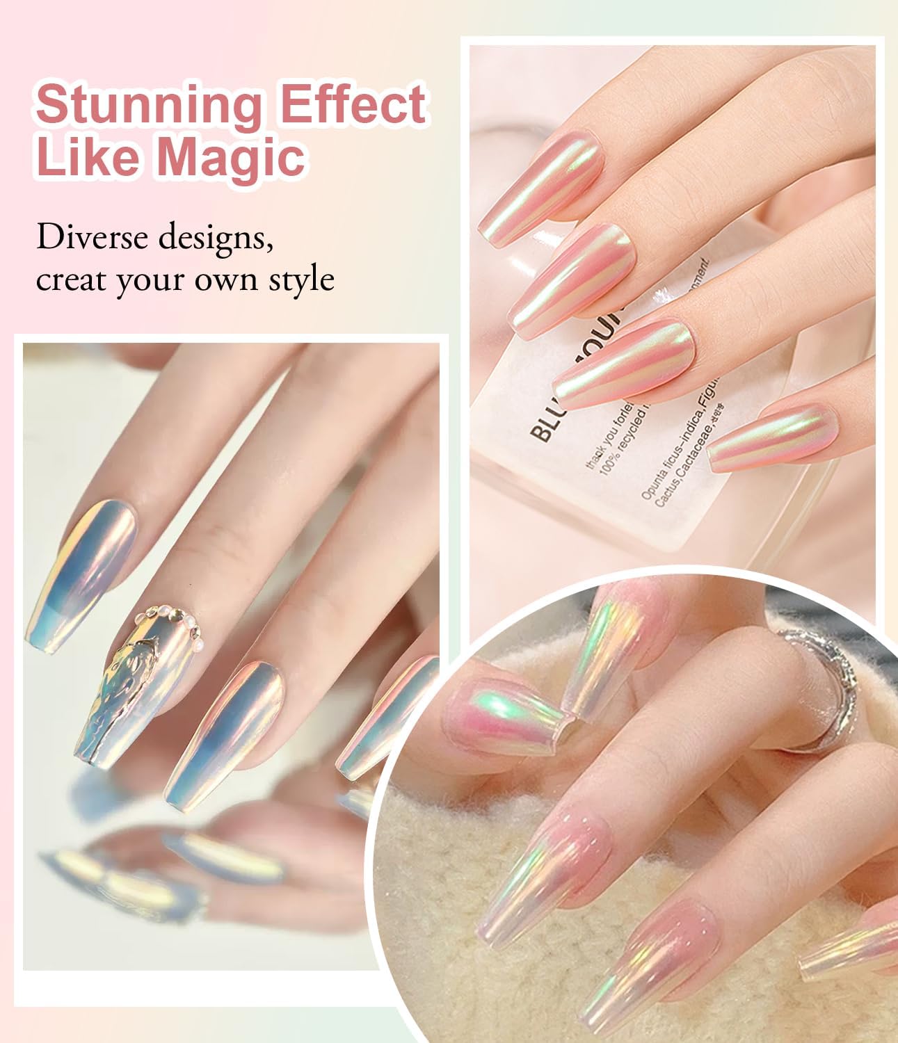 White Chrome Nail Powder: 4Pcs Iridescent Aurora Mermaid Pearl Chrome Powder Pearl Dust Kit for Gel for Gel Nails Art Decoration-Velvo Beauty