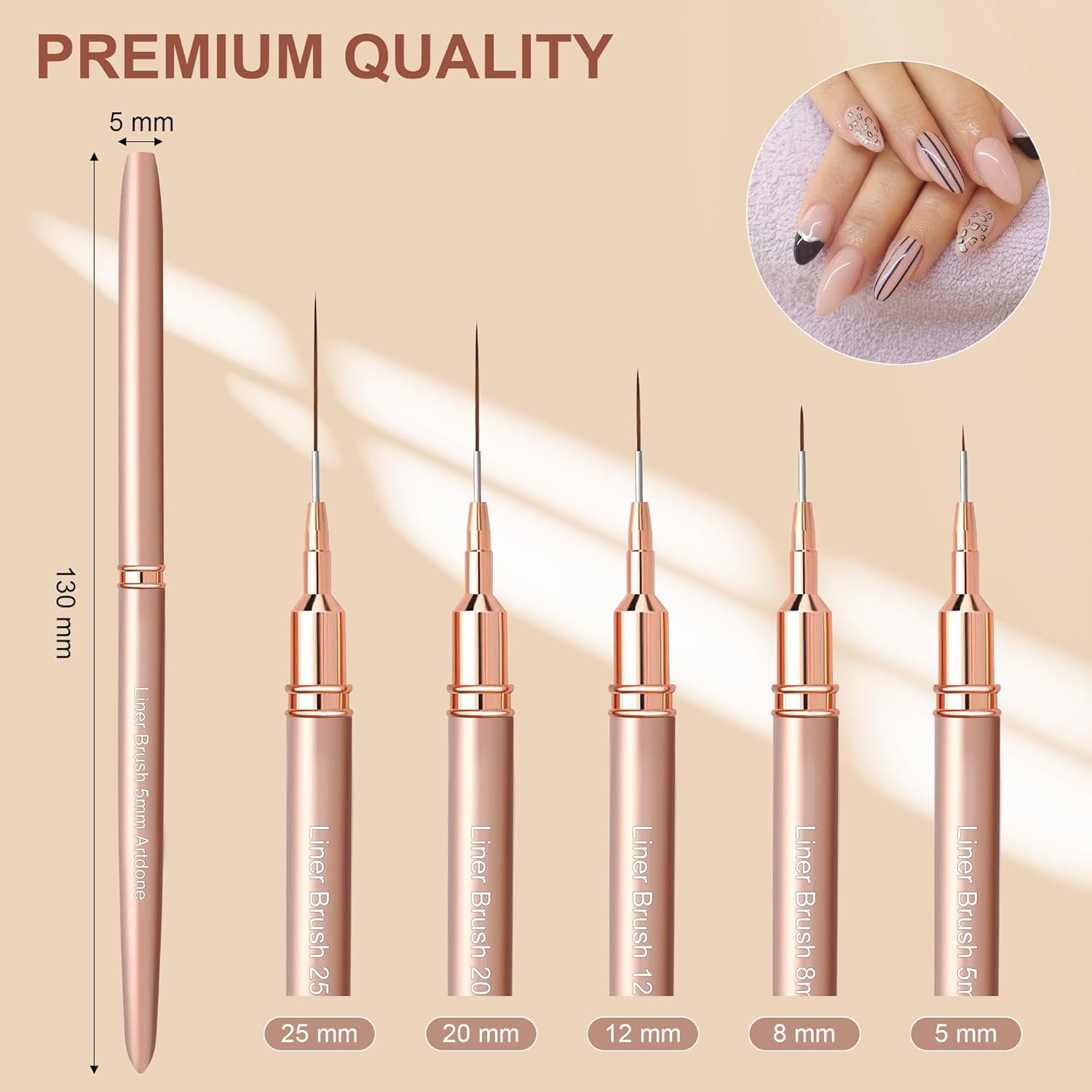 Artdone Metallic Nail Art Pens, Liner Brushes Set, 5PCS Copper Color Nail Tools For Long Lines, Thin Details, Fine Drawing, Liner Brush UV Gel Polish Painting Nail Design Sizes 5/8/12/20/25mm-Velvo Beauty