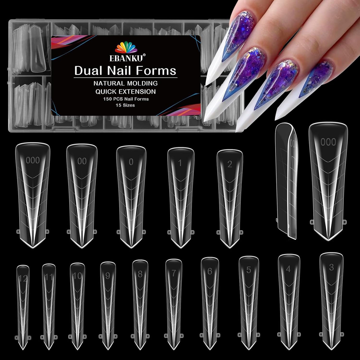 EBANKU Dual Nail Forms for Poly Extension Gel, 150 PCS Clear Claw Nail Molds Reusable 15 Sizes Nail Extension Forms for Builder Gel Manicure Design Salon DIY-Velvo Beauty