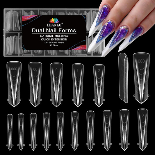 EBANKU Dual Nail Forms for Poly Extension Gel, 150 PCS Clear Claw Nail Molds Reusable 15 Sizes Nail Extension Forms for Builder Gel Manicure Design Salon DIY-Velvo Beauty