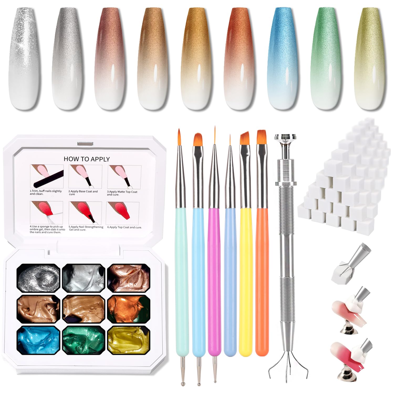 Sponge Pat Paint Nail Gel & Tools Kit, 9 Colors Ombre Nails Gradient Gel Nail Blush Blooming Aura Nails Drawing Stripper Floral Painting Nail Art, No Wipe, UV/LED Curing (9 Colors Set L)-Velvo Beauty