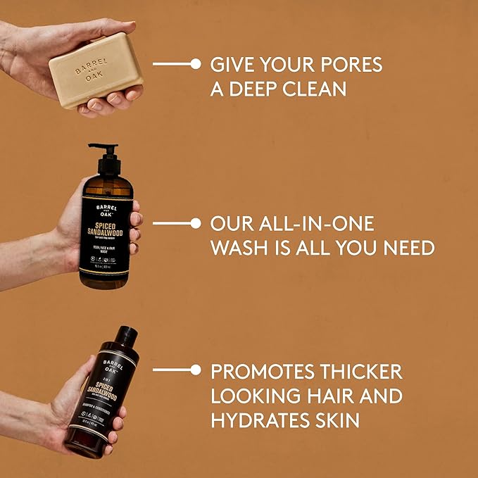 Barrel and Oak - Spiced Sandalwood Body Care Set, Fragrant Sea Salt & Amber Scent, Rich in Essential Oils, Hydrating Formulas, Rich Texture, No Parabens or Phthalates, Certified Organic (3-Pack Set)-Velvo Beauty