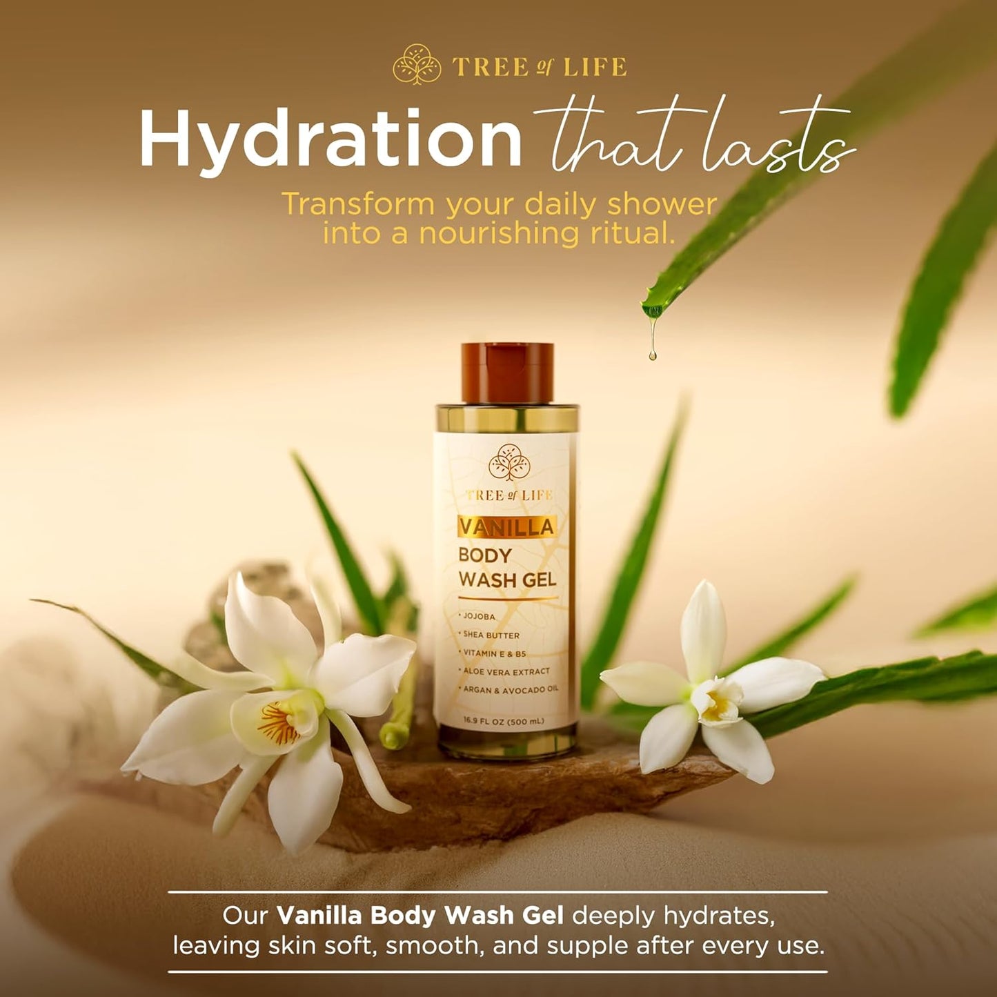 Tree of Life Vanilla Body Wash Gel - Moisturizing Shower Gel with Jojoba Oil and Shea Butter Hydrating Body Wash for Sensitive Skin and All Skin Types, 16.9 fl oz-Velvo Beauty