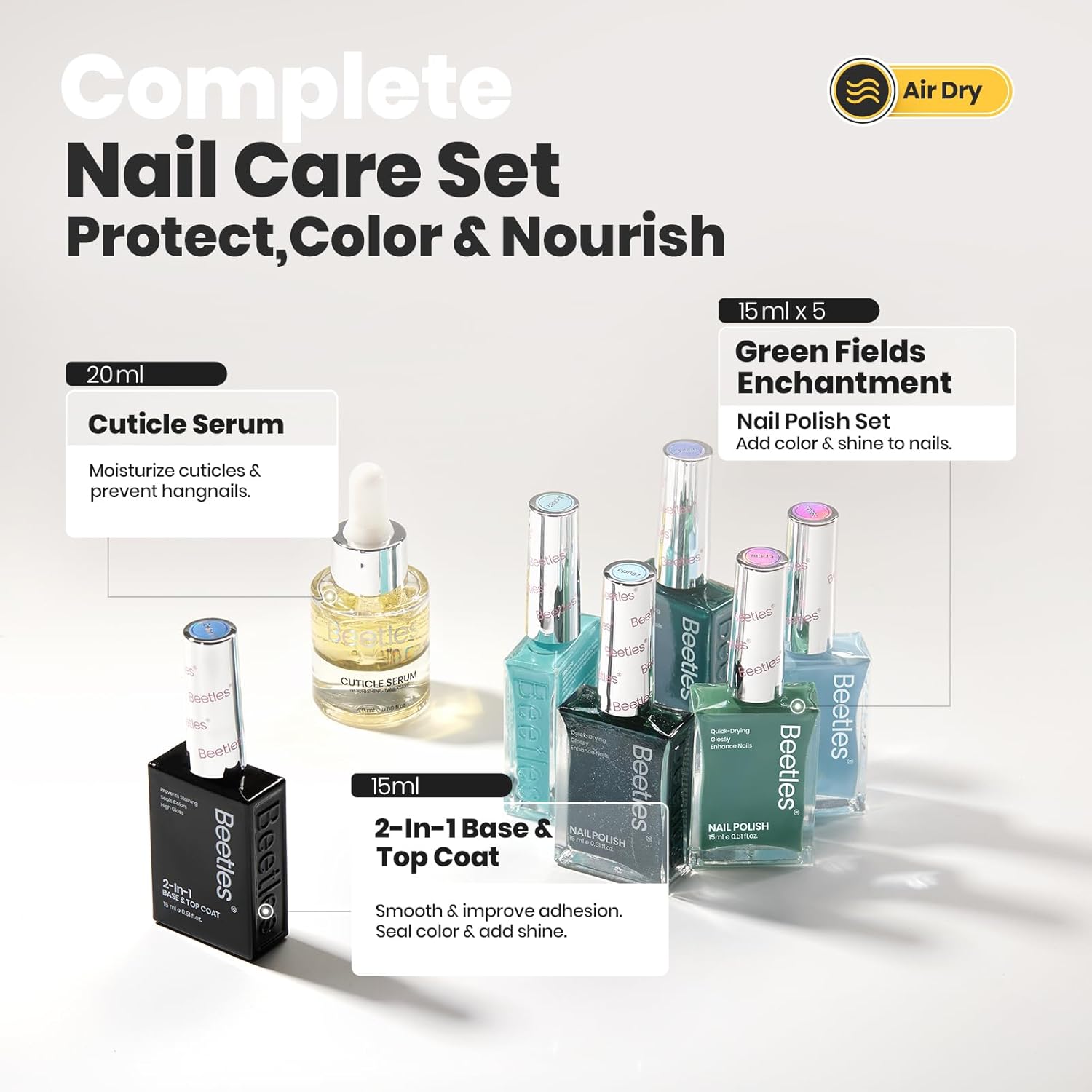 Beetles Green Nail Polish Set, 7 Pcs 5 Colors Light Green Blue Fingernail Polish, Cuticle Oil with 2IN1 Base&Top Coat Long Lasting Quick Dry Nail Polish Gfit Sets For Women-Velvo Beauty