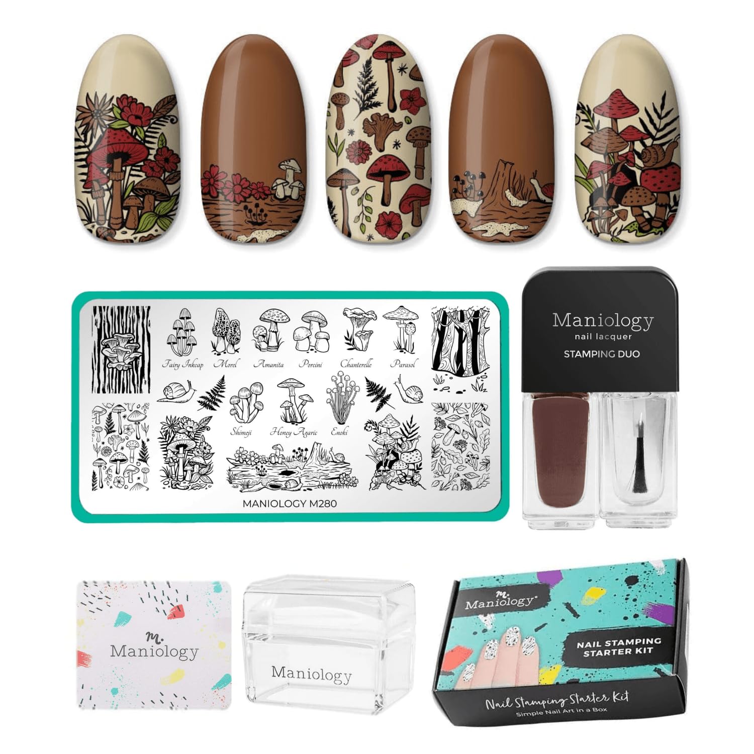 Maniology Magic Mushroom Nail Stamping Starter Kit | Plant-Inspired Nail Art with Whimsical Mushrooms Design for DIY Manicure – Includes Stamping Plate, Polish, Top Coat, Stamper & Scraper Card-Velvo Beauty