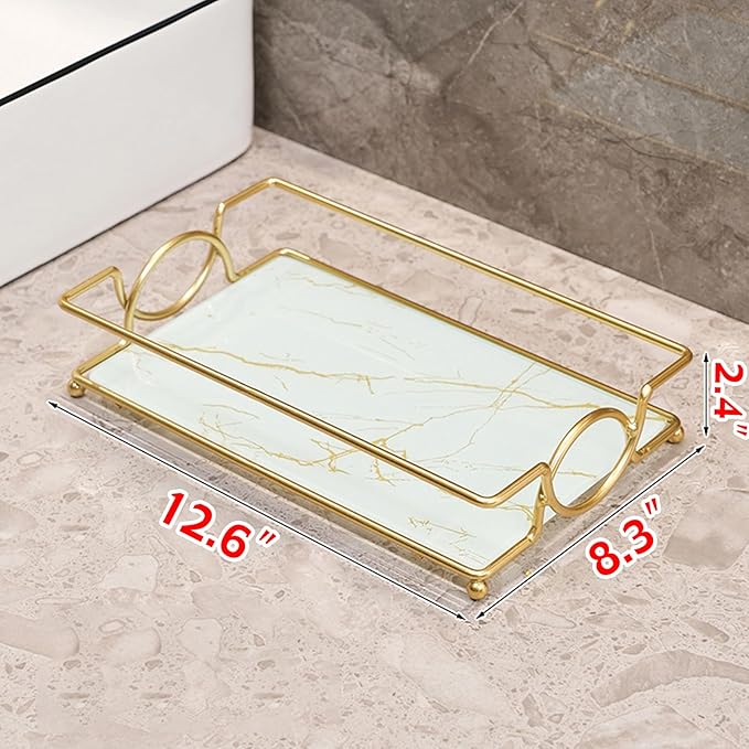 Vanity Tray Luxury Bathroom Counter Tray Glass Perfume Organizer Holder Cosmetics Makeup Skincare Display Decorative Vanity Trays for Bathroom Dresser Bedroom (Platinum, L)-Velvo Beauty