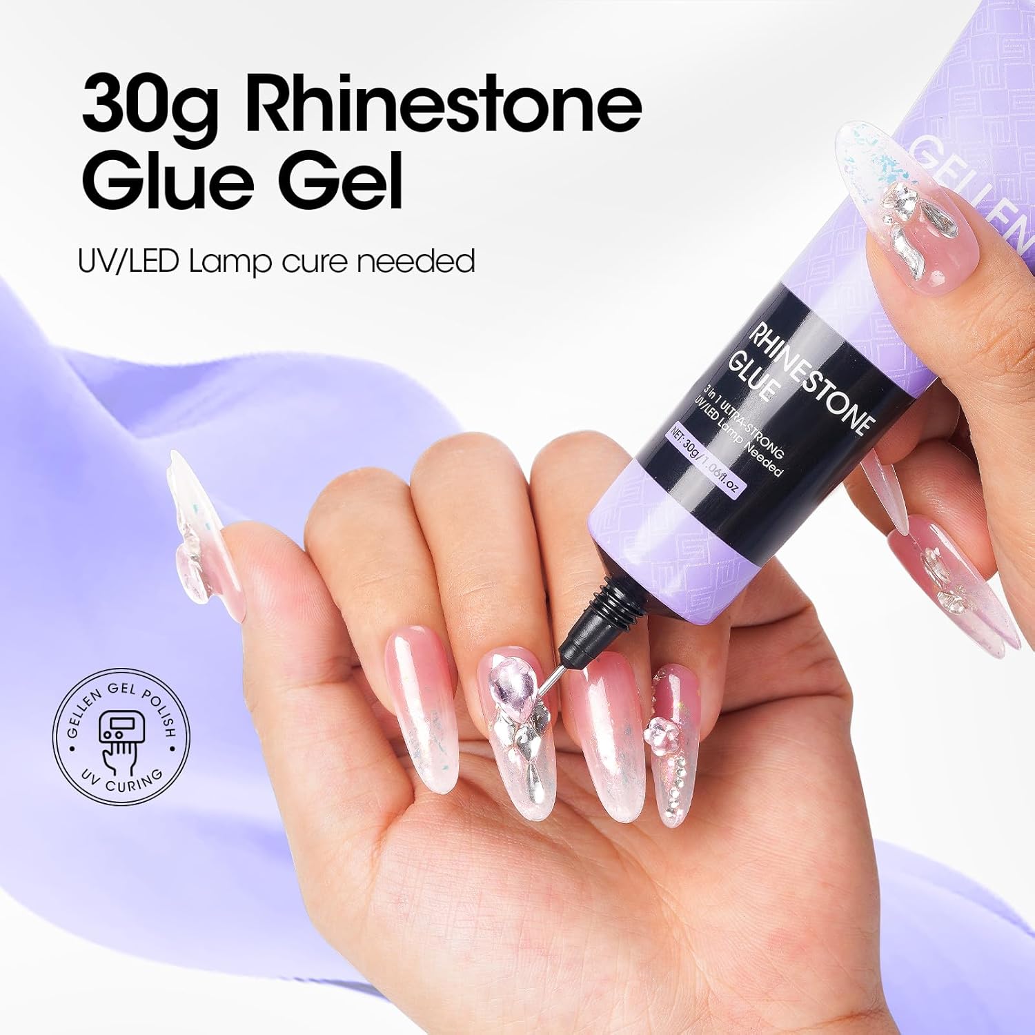 Gellen 30g Rhinestone Glue for Nails, Super Strong Adhesive Gel Nail Glue for Nail Charms, UV Light Needed Nail Gel for 3D Nail Art & Beads & Diamonds & Jewelry-Velvo Beauty
