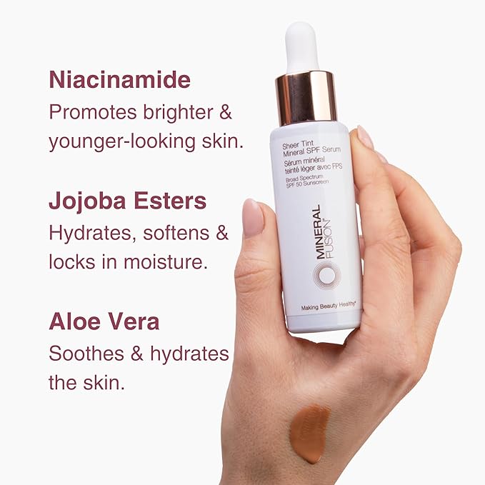 Mineral Fusion Face Serum, Sheer Tint Mineral SPF Serum, 1 Fl Oz, Tan, Tinted Broad Spectrum SPF 50 Mineral Sunscreen, Sheer Coverage, Lightweight & Dewy Finish for Glowing, Protected Skin-Velvo Beauty