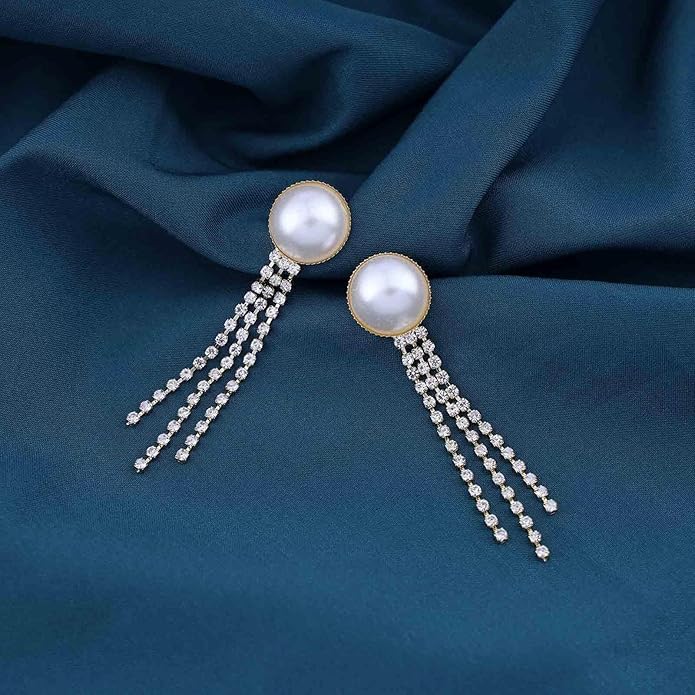 Vintage Crystal Pearl Drop Earrings Cz Bridal Crystal Earrings Long Rhinestone Tassel Earrings Gold Pearl Stud Earrings Jewelry for Women-Velvo Beauty