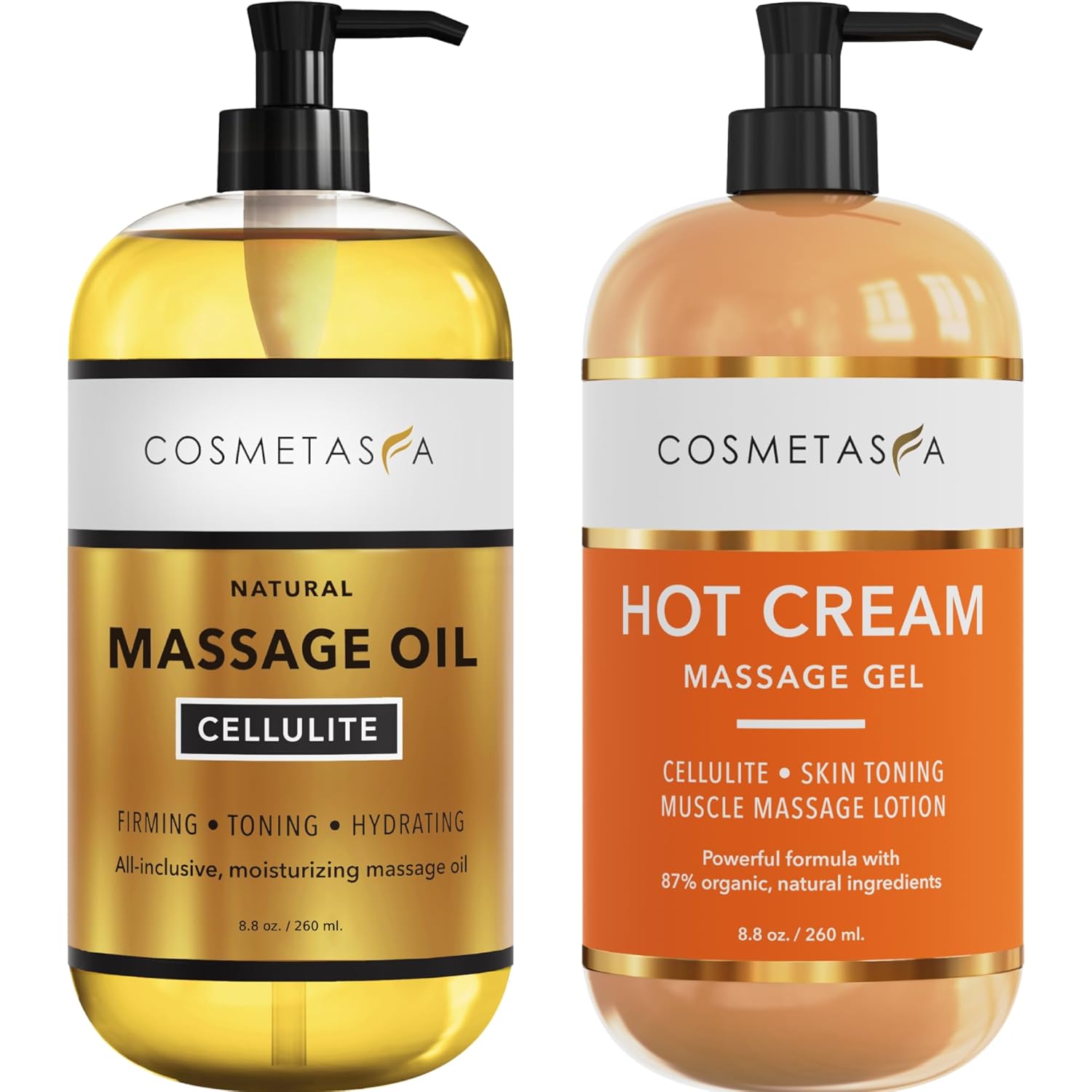 Cellulite Massage Oil & Hot Cream - 100% Natural Cellulite Oil & Gel, Highly Absorbable, Firm, Tone, Tighten & Moisturize Skin - Soothes Muscles (8.8 Fl Oz Each Bottle)-Velvo Beauty