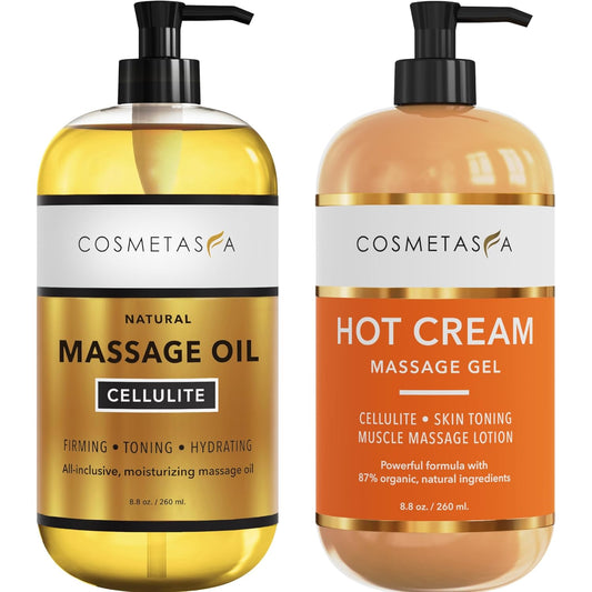 Cellulite Massage Oil & Hot Cream - 100% Natural Cellulite Oil & Gel, Highly Absorbable, Firm, Tone, Tighten & Moisturize Skin - Soothes Muscles (8.8 Fl Oz Each Bottle)-Velvo Beauty