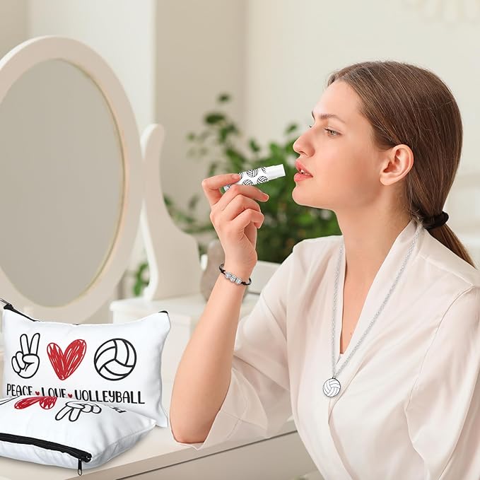 72 Pcs Sports Team Gifts Include 12 Makeup Bags 12 Lip Balm 12 Lip Balm Holder 12 Necklace 12 Adjustable Bracelet 12 Mirrors for Sports Lovers Players Party Favors (White, Volleyball)-Velvo Beauty