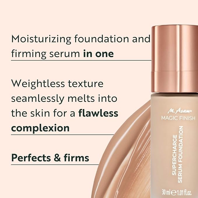 M. Asam MAGIC FINISH Supercharge Serum Foundation Warm Sand (1.01 Fl Oz) - Moisturizing Make Up & Firming Face Serum In One, Anti-aging CC Cream With Optimal Coverage & Hyaluronic Acid-Velvo Beauty