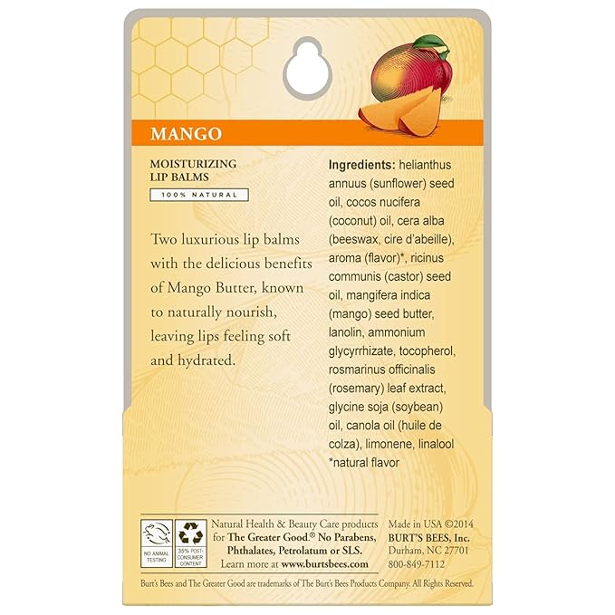 Burt's Bees Lip Balm - Mango, Lip Moisturizer With Responsibly Sourced Beeswax, Tint-Free, Natural Origin Conditioning Lip Treatment, 2 Tubes, 0.15 oz.-Velvo Beauty
