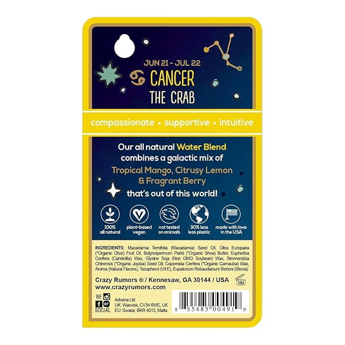 Crazy Rumors Cancer Zodiac All Natural, Plant Based Lip Balm to Moisturize and Nourish your Lips - Water Blend (Tropical Mango, Citrus Lemon, and Fragrant Berry)-Velvo Beauty