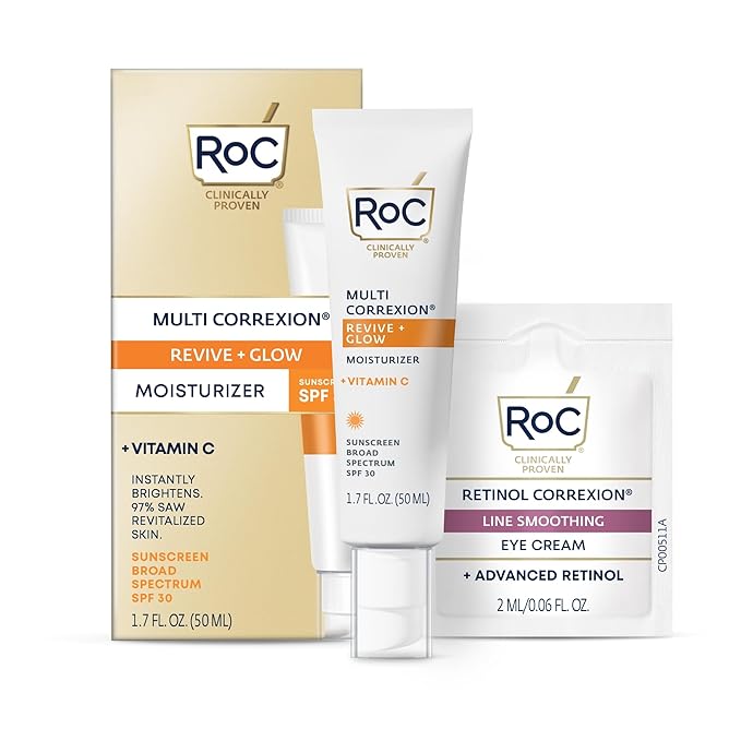 RoC Multi Correxion Revive + Glow Vitamin C Sunscreen Broad Spectrum SPF 30 Face Moisturizer (1.7 oz) with Retinol Eye Cream Packette-Velvo Beauty