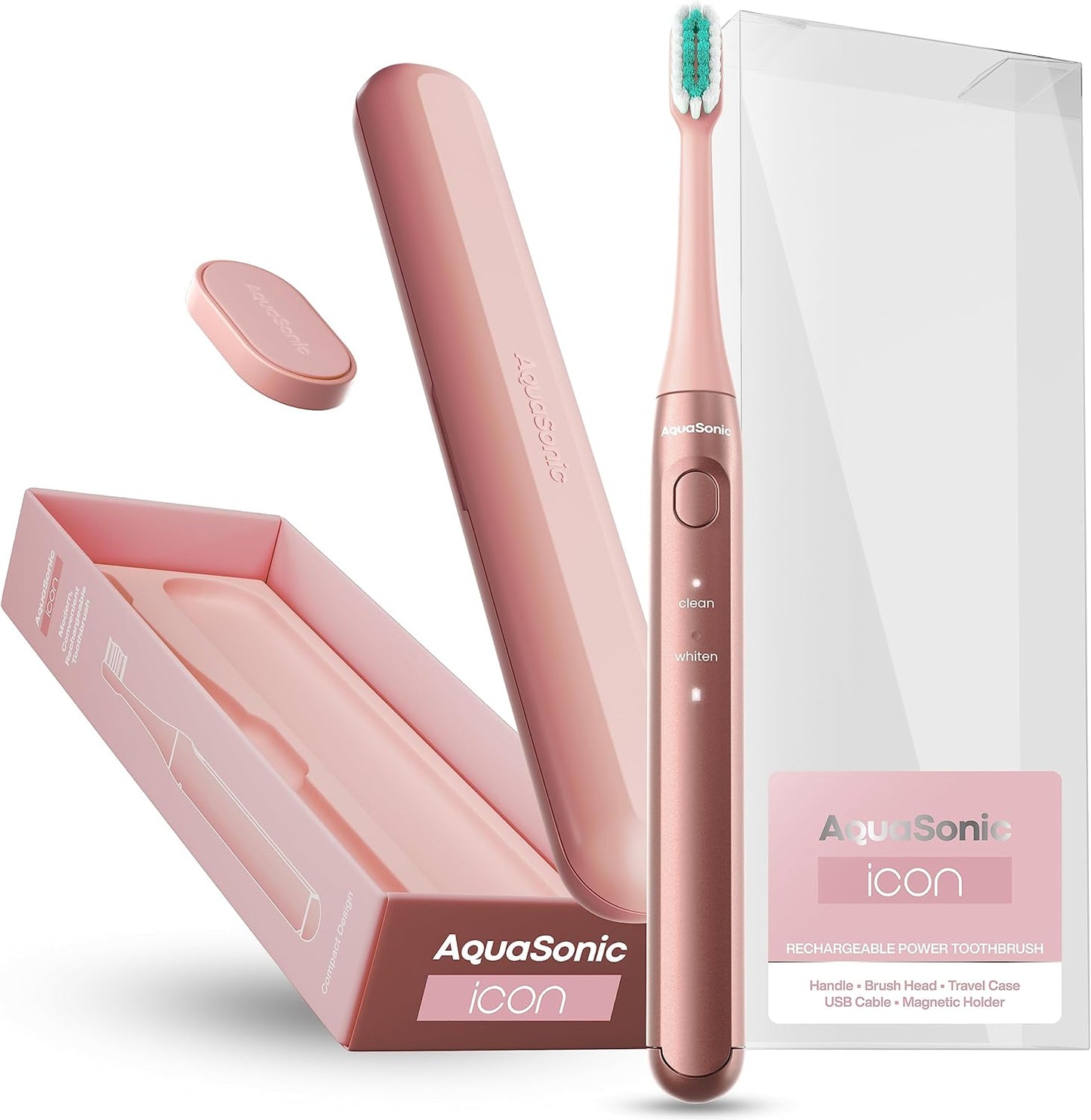 Aquasonic Icon ADA-Accepted Rechargeable Toothbrush | Magnetic Holder & Slim Travel Case | 2 Brushing Modes & Smart Timers | Gentle Micro-Vibrations (Blush)-Velvo Beauty