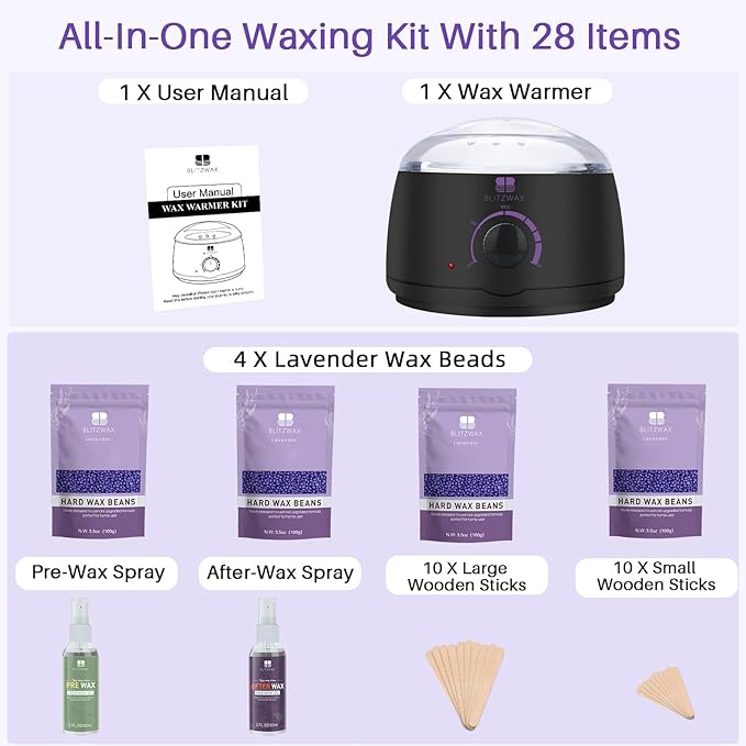 BLITZWAX Brazilian and Bikini Waxing Kit for Women, Hard Wax Warmer for Face, Legs, and Body, At Home Hair Removal Kit, Beginner Friendly, Quick Heating, 28 Accessories-Velvo Beauty