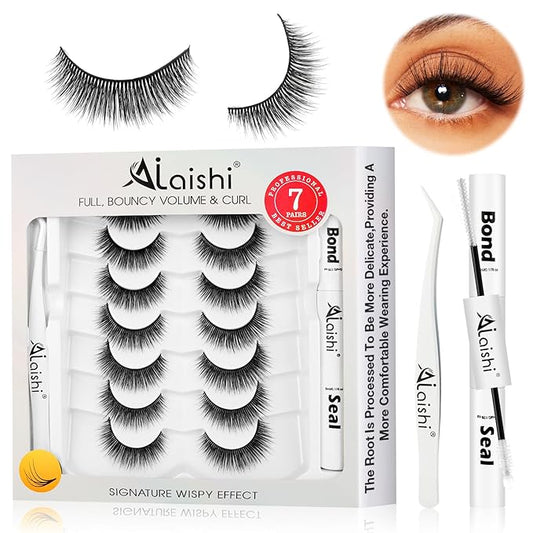 Wispy False Eyelashes Kit With Bond, Seal and Tweezer, 7 Pairs Natural Look Fake Cat Eye Lashes Strips Thin Band Extensions Waterproof Easy Eyelashes for Beginners RQ11-Velvo Beauty