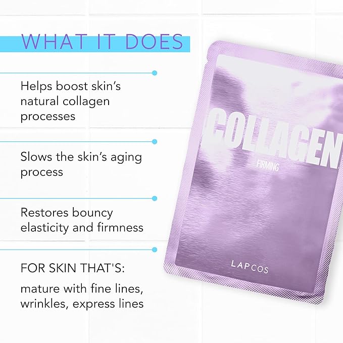 LAPCOS Collagen Sheet Mask, Firming Daily Face Mask with Collagen Peptides for Anti-Aging, Helps to Minimize Wrinkles, Restores Skin Elasticity & Firmness, Korean Beauty Favorite, 5-Pack-Velvo Beauty