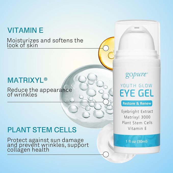 goPure Youth Glow Eye Gel - Anti-Aging Eye Cream that Soothes and Hydrates, Made with Matrixyl 3000 and Hyaluronic Acid for Improve the Look of Puffiness, Dark Circles, and Under Eye Bags - 1 fl oz-Velvo Beauty