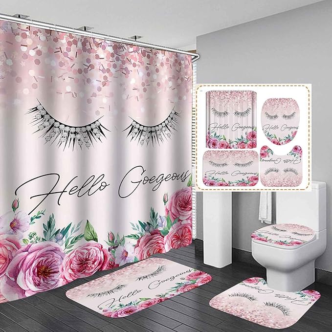 4PCS Hello Gorgeous Shower Curtain Set, Birthday Confetti Botanical Peony Floral Diamond Unicorn Eyelash Teen Girls Pink Bathroom Decor, Waterproof Fabric Shower Curtain, Bath Mat Toilet Rug-Velvo Beauty