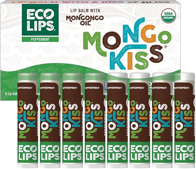 Mongo Kiss USDA Organic Lip Balm Set 8-pack (0.15 oz. each) with Mongongo Oil & Cocoa Butter to Moisturize Chapped Lips | Made in USA by Eco Lips - Peppermint-Velvo Beauty