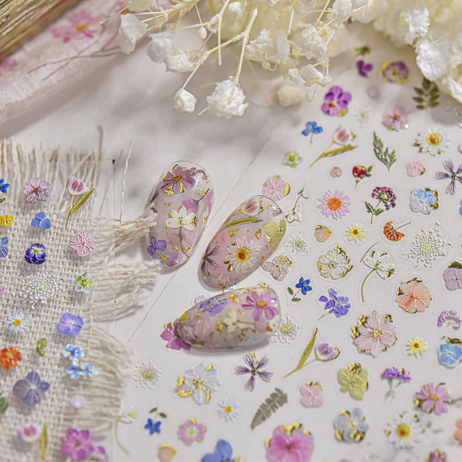 Flowers Nail Art Stickers Colorful Dried Flower Nail Decals 3D Self Adhesive Gold Foil Designs Spring Summer Nail Sticker Daisy Nail Stickers Cute Floral Nail Decal for DIY Nail Art Nails Decor Women-Velvo Beauty