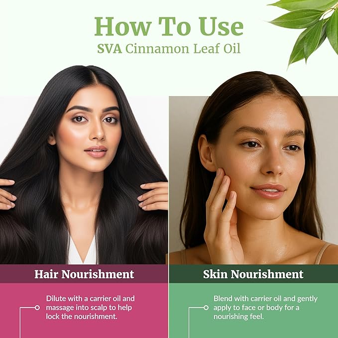 SVA Cinnamon Leaf Essential Oil – 4 Fl Oz – 100% Natural Cinnamon Oil - for Diffuser, Hair Care, Face, Skin Care, Aromatherapy, Scalp and Body Massage, Soap and Candle Making – with Dropper-Velvo Beauty