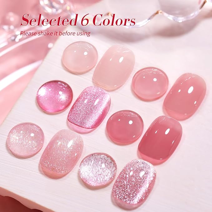 Born Pretty Gel Nail Polish Pink Nude Series,Jelly Transparent,Cat Magnetic Eye,Shimmer Glitter Holographic Pink Nude Gel Polish Kit for Salon Manicure and Nail Art DIY at Home 6Colors-Velvo Beauty