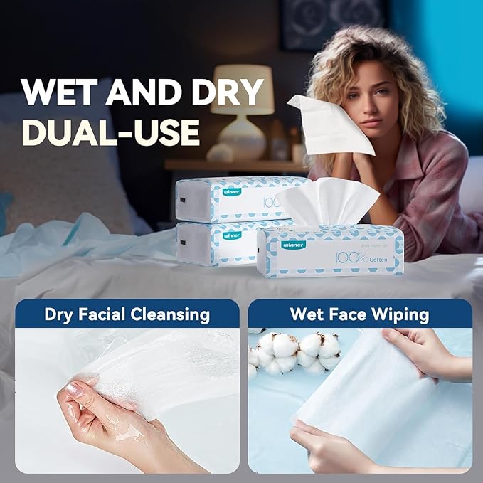 Winner Softer Face Towels - 100% USA Cotton Dry Wipes, 300 Count Unscented Cotton Tissues for Sensitive Skin, OEKO-TEX Certified Face Towelettes Disposable, Makeup Remover Facial Towels, 3 Pack-Velvo Beauty