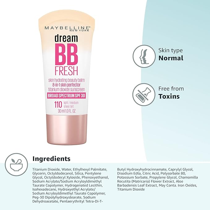Maybelline Dream Fresh Skin Hydrating BB cream, 8-in-1 Skin Perfecting Beauty Balm with Broad Spectrum SPF 30, Sheer Tint Coverage, Oil-Free, Light/Medium, 1 Fl Oz-Velvo Beauty