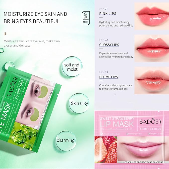 MEICOLY 30 Pads Lip and Eye Mask Sheet,Moisturizing Seaweed Eye Mask Crystal Anti-Aging Eye Patches Strawberry Lip Mask,Dark Circle Remover with Box,Lip and Eye Mask Set-Velvo Beauty
