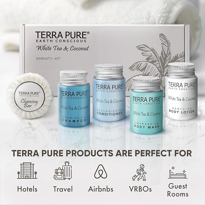 Terra Pure White Tea and Coconut Amenity Kit | Hotel Toiletries | 1oz Travel Size Shampoo, Conditioner, Lotion, Body Wash & Cleansing Bar for Guest Hospitality AirBnB/Vacation Rentals | 1 set/case-Velvo Beauty