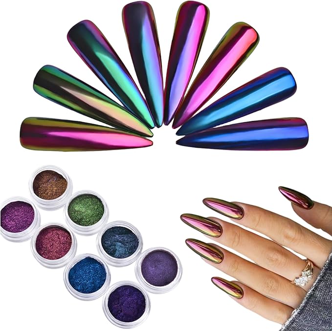 8Pcs Chameleon Chrome Nail Powder,Chrome Powder for Gel Nails Nail Chrome Powder Mirror Effect Holographic Aurora Iridescent Pearlescent Manicure(8 colors)-Velvo Beauty