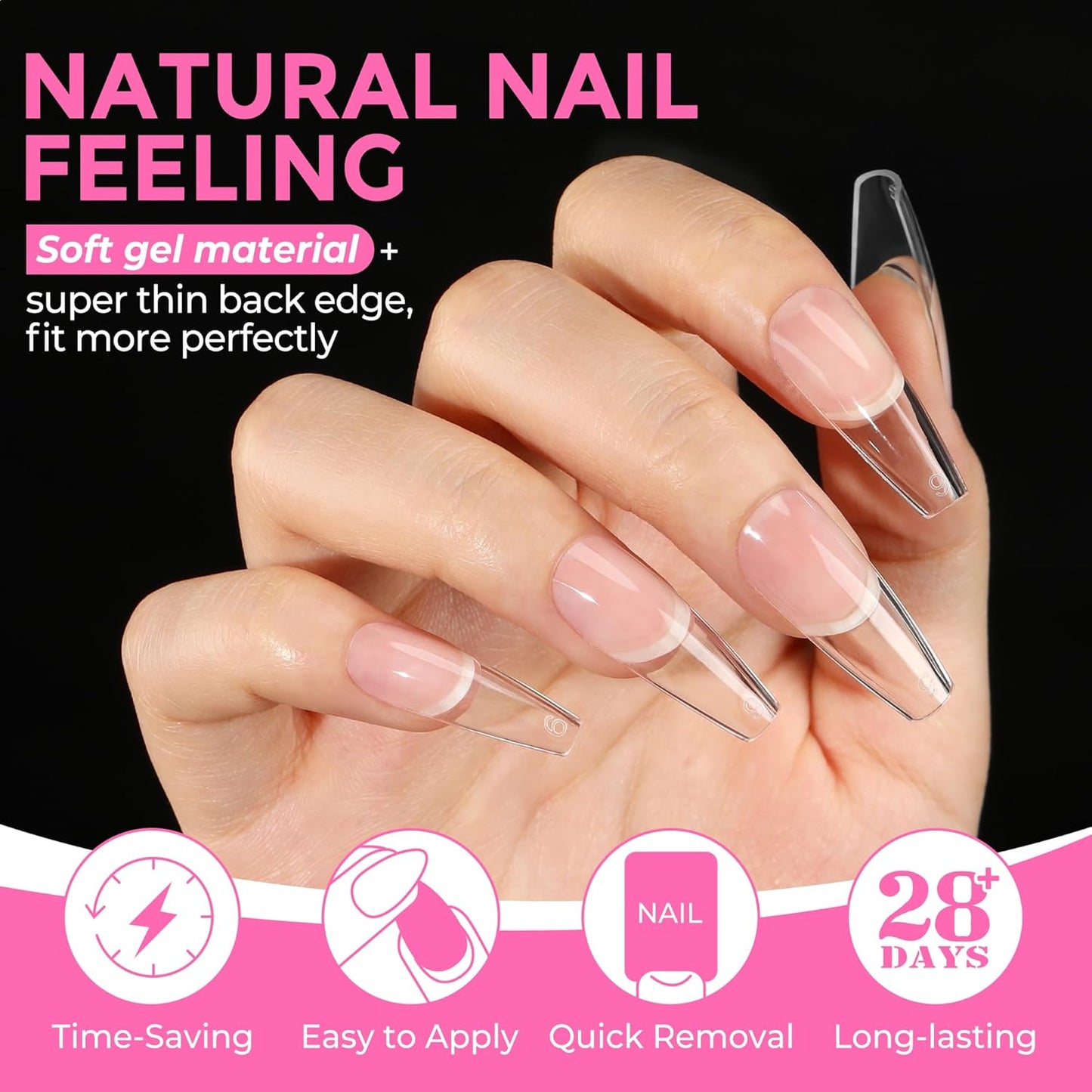 UNA GELLA Long Coffin Nail Tips: 216pcs Coffin Acrylic Fake Nails Full Cover Gel Nail Tips Press On Nails Clear Tips for Nail Extension DIY Salon 12 Sizes-Velvo Beauty