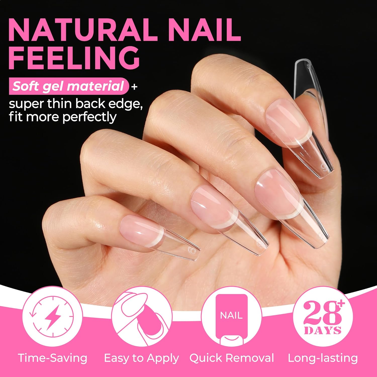 UNA GELLA Long Coffin Nail Tips: 216pcs Coffin Acrylic Fake Nails Full Cover Gel Nail Tips Press On Nails Clear Tips for Nail Extension DIY Salon 12 Sizes-Velvo Beauty