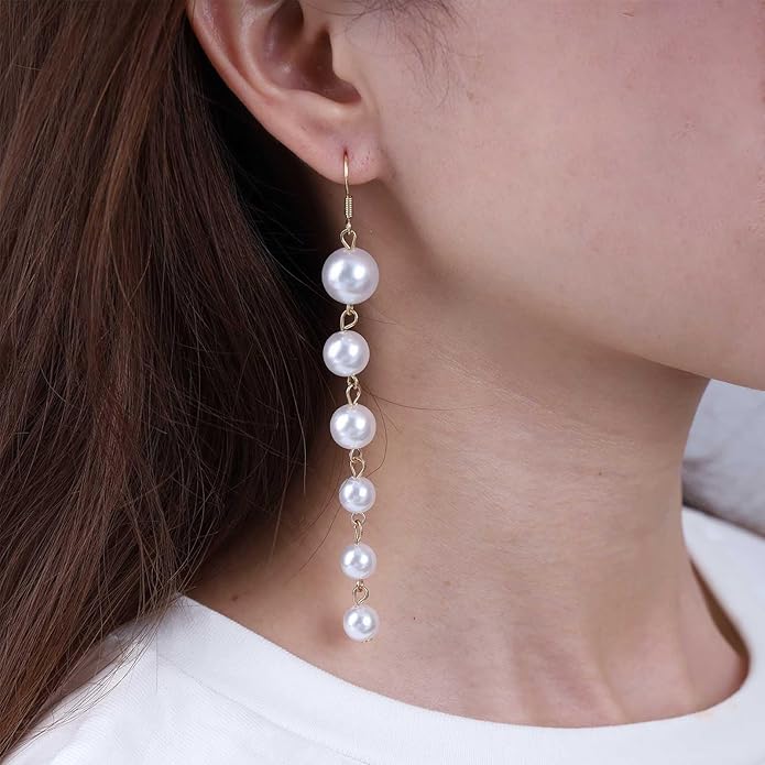 Boho Long Pearl Drop Earrings Vintage Gold Tassel Pearl Dangle Earrings Statement Pearl Chain Drop Dangle Earrings Wedding Prom Bridal Pearl Hook Earrings Jewelry for Women-Velvo Beauty