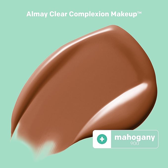 Almay Clear Complexion Acne Foundation Makeup with Salicylic Acid - Lightweight, Medium Coverage, Hypoallergenic, Fragrance-Free, for Sensitive Skin, 900 Mahogany, 1 fl oz.-Velvo Beauty