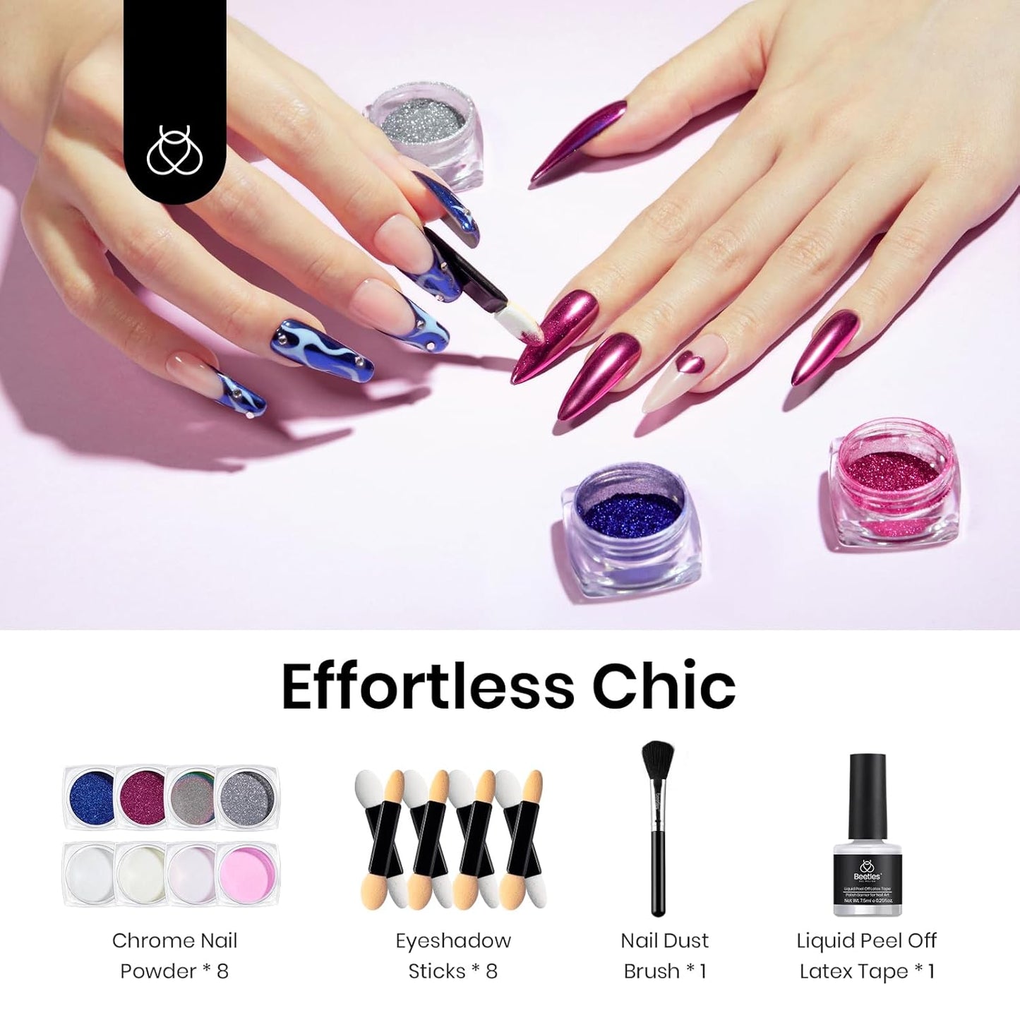 Beetles Chrome Nail Powder 8 Colors Metallic Mirror Effect Chrome Nail Powder with Liquid Latex Tape Kit,White Silver Pigment Iridescent Mermaid Glitter Pink Blue, Gel Polish Decoration Gift for Women-Velvo Beauty