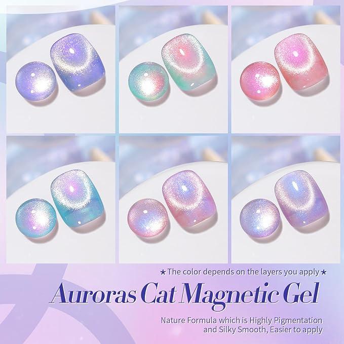 Born Pretty Auroras Cat Magnetic Eye Gel Nail Polish Set Shimmer Glitter with Magnet 9D Holographic Reflective Magnetic Nail Polish Kit Auroras Mermaid Green Blue Purple Pink Purple 6 Colors-Velvo Beauty