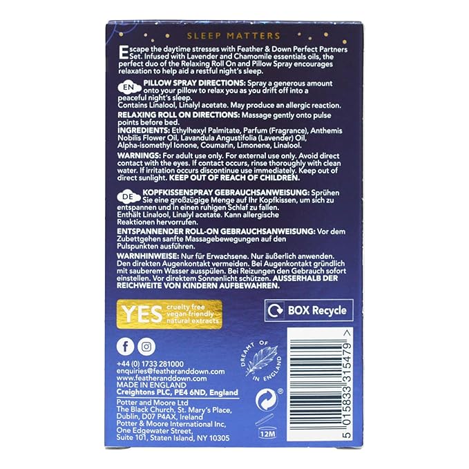 Feather & Down Sweet Dream Perfect Partners Gift Set: 50ml Pillow Spray & 10ml Roll-On, With Calming Lavender & Chamomile Essential Oils, Vegan & Cruelty Free-Velvo Beauty