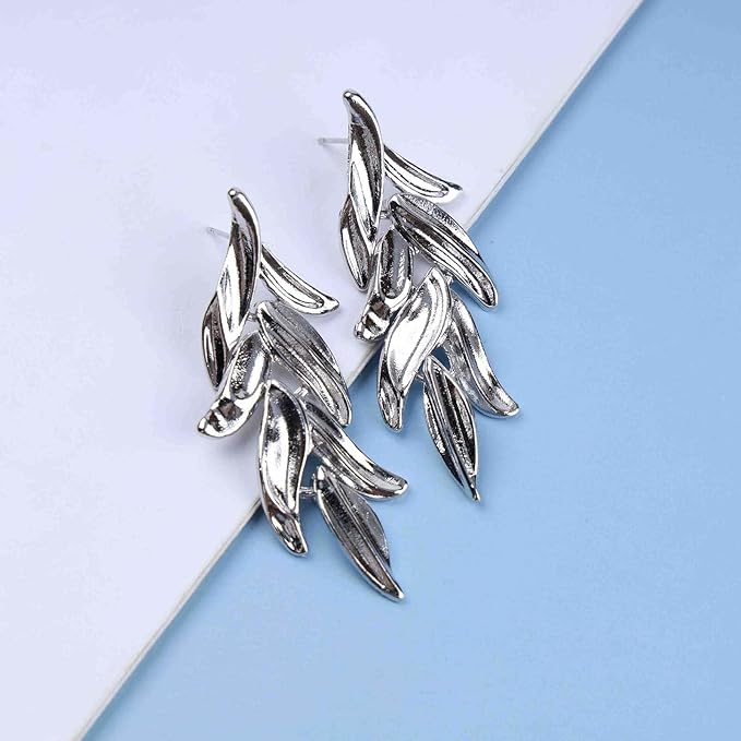 Statement Leaf Dangle Drop Earrings Vintage Silver Leaf Cluster Drop Earrings Punk Large Leaf Dangle Earrings Bridal Earring Wedding Prom Earring Jewelry for Women and Girls-Velvo Beauty