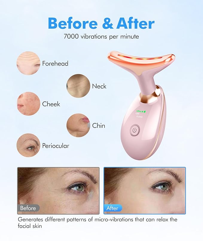 Red-Light-Therapy-for-Face-and-Neck, 7 Color Face Massager Tool for Wrinkles, Double Chin, Vibrating Facial Massager with Thermals for Skin Care, Glossy Pink-Velvo Beauty
